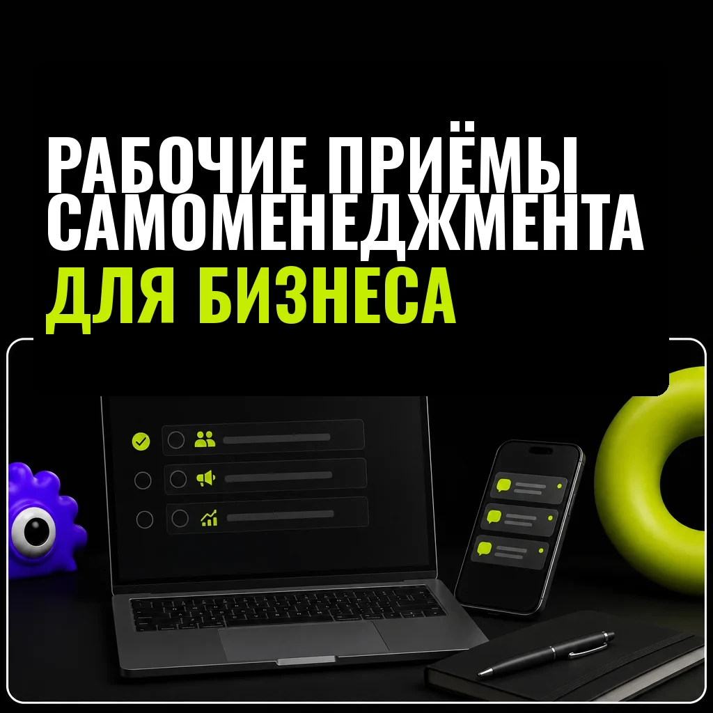 Минималистичная сцена: тёмный ноутбук с коротким списком бизнес-задач, рядом смартфон с уведомлениями клиентов и канцелярский аксессуар на столе